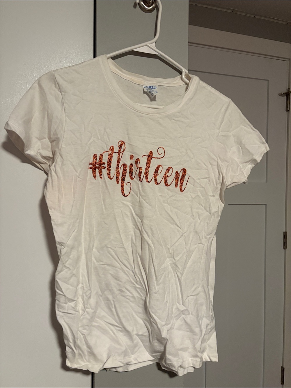 White Short-Sleeve Graphic Tee with Shimmering Rose Gold Script